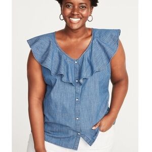 RUFFLED V-NECK BUTTON DIWN CHAMBRAY SLEEVELESS TOP PLUS SIZE